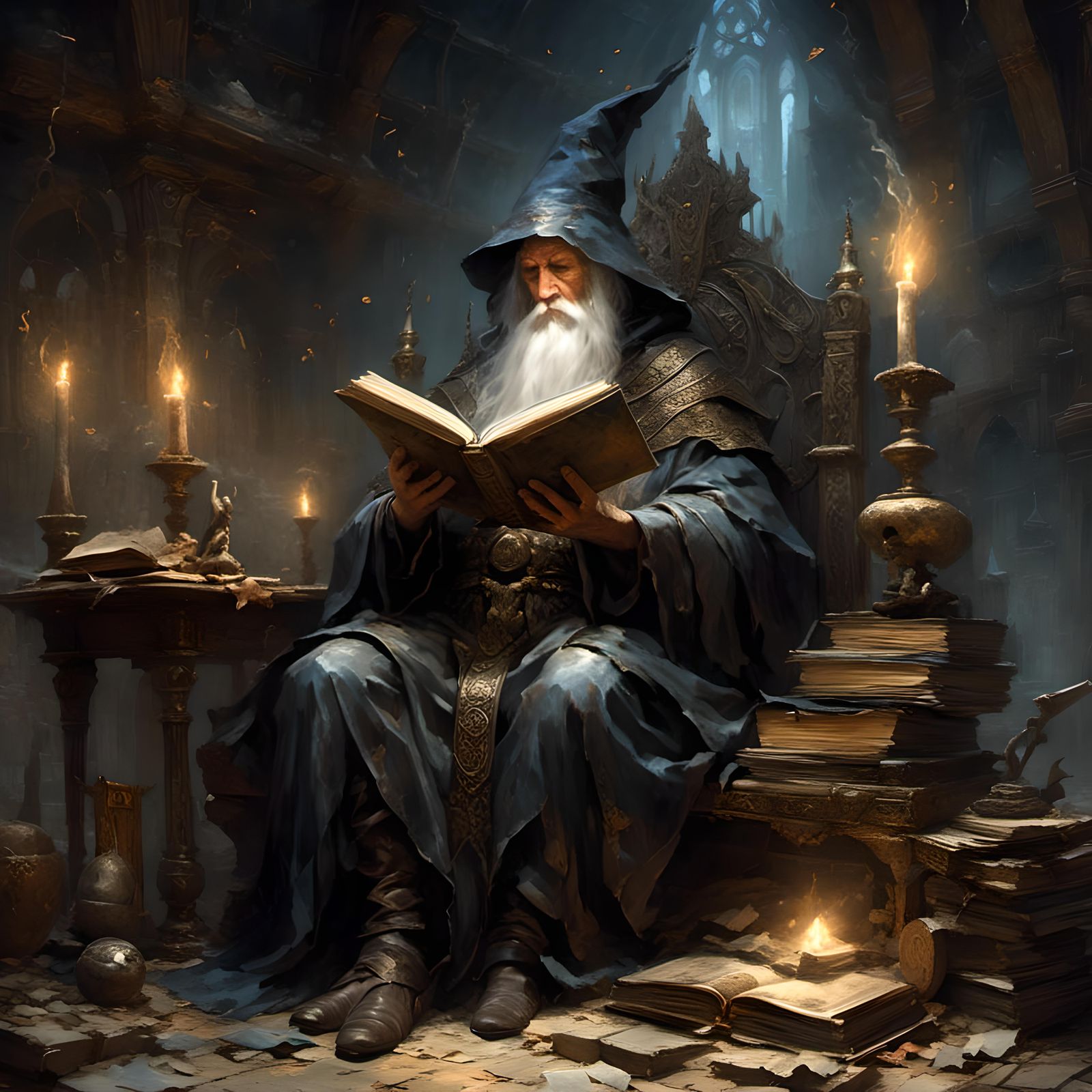 Old Wizard Reads Magical Tome with Sharp Focus