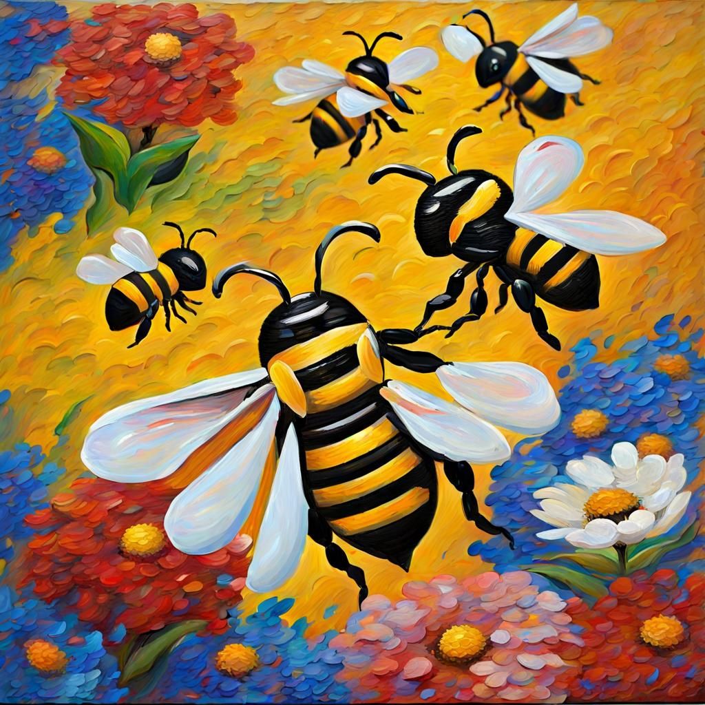 Busy Bees in Neo-Impressionist Oil Painting