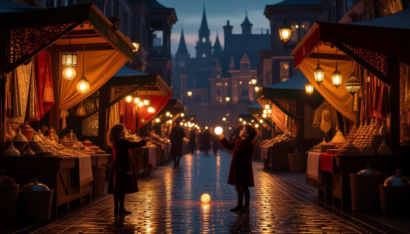 Victorian Twilight Market Scene with Child and Performer