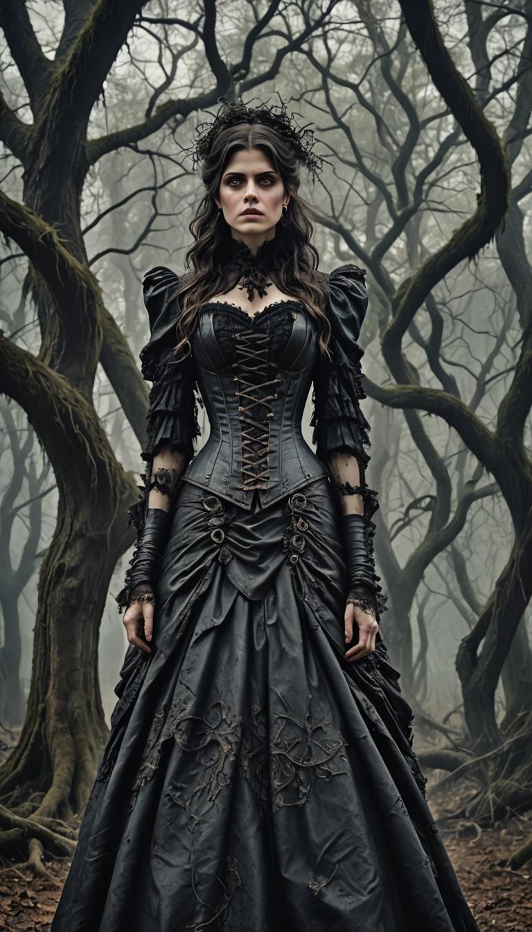 Mysterious Woman in Dark Forest, Gothic Art