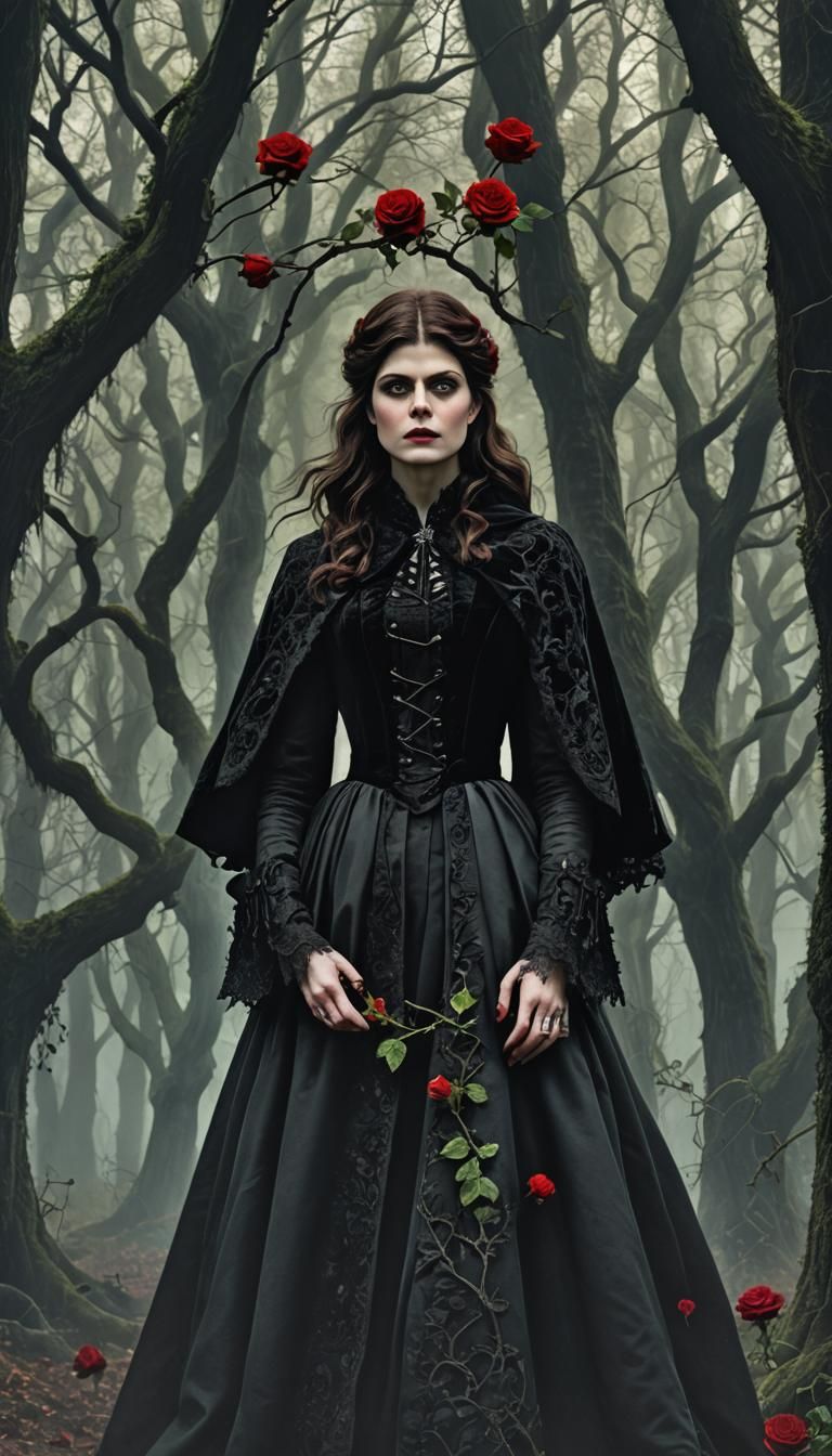 Gothic Huntress in Dark Forest with Roses
