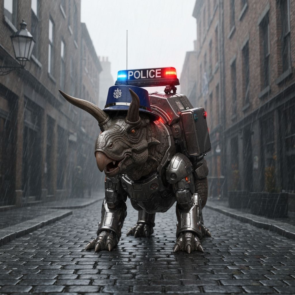 Futuristic Triceratops Cop Patrolling Rainy Soho Streets