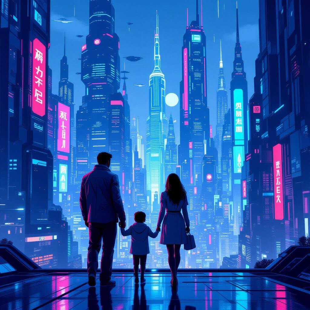 Retro-Futuristic Family in High-Tech Cityscape