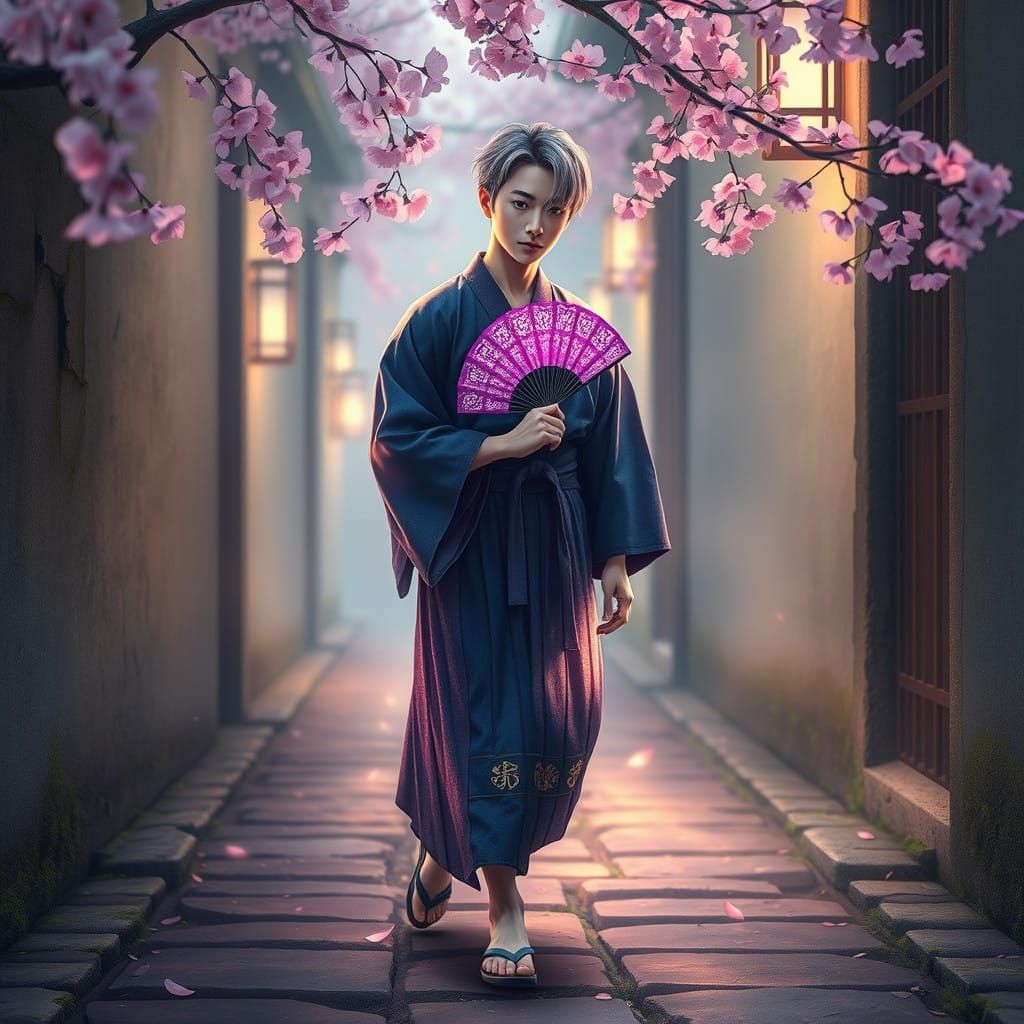 Dreamlike Resin Art of a Young Japanese Man in Traditional H...
