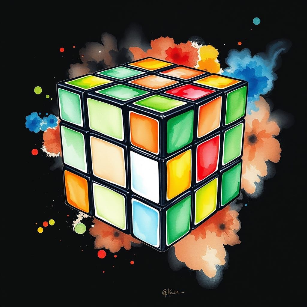 Vivid Watercolour Rubik's Cube with Ethereal Swirls