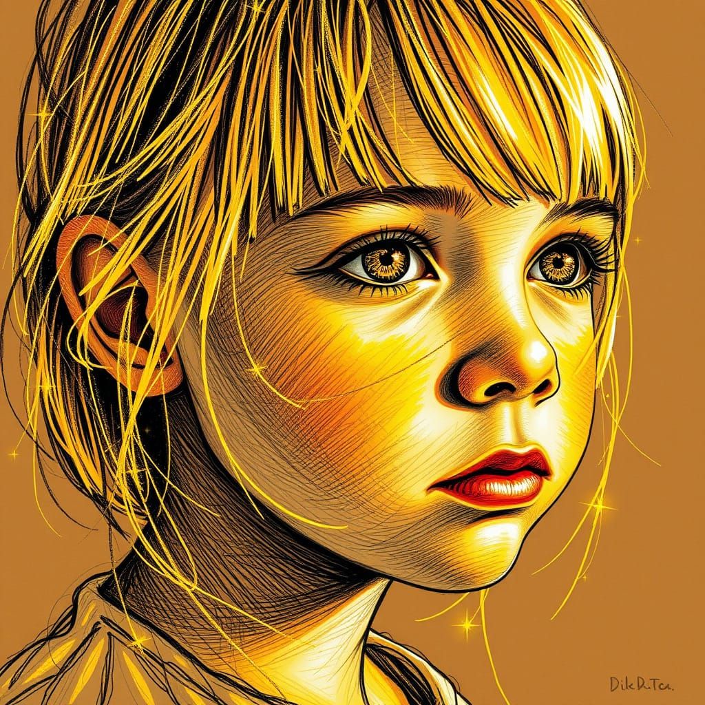 Luminous Scratch Art Portrait of Blonde Child