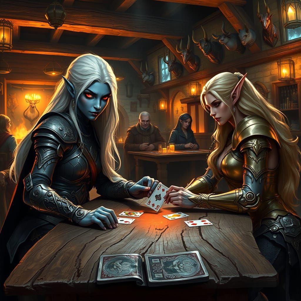 Elegant Drow Warrior Plays Cards with Golden Elf in a Bustli...