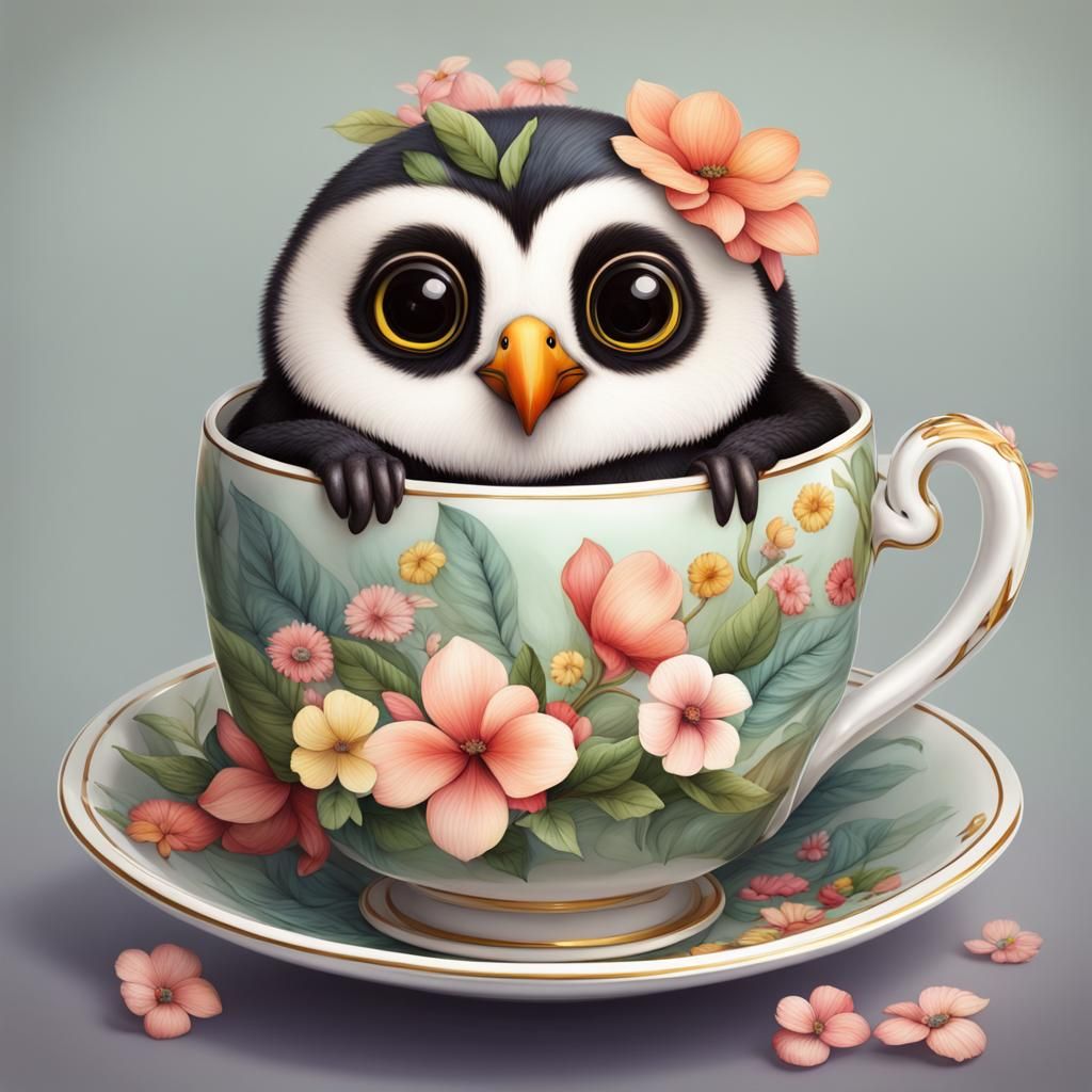 Chubby Toucan in Floral Teacup: Photorealistic Render