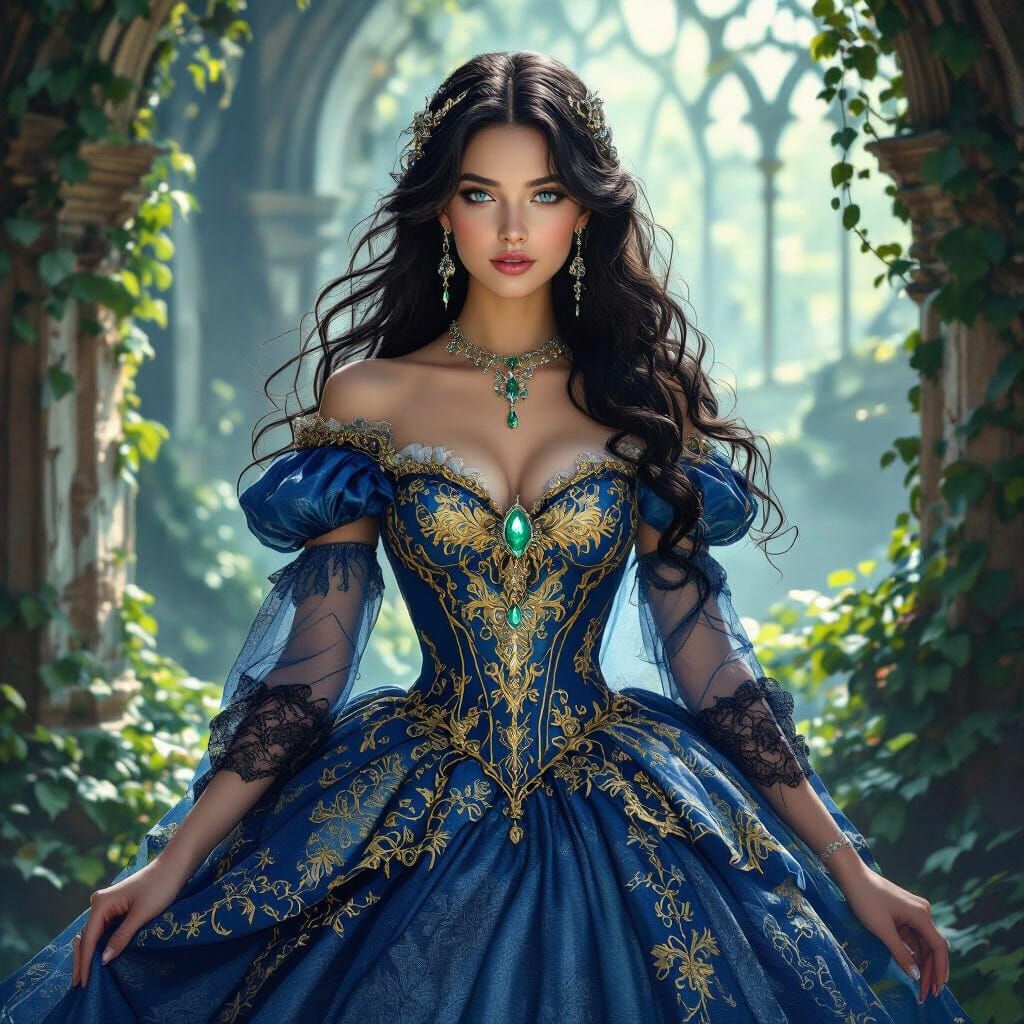 Fantasy Noblewoman in Ruined Palace, Art Nouveau Style