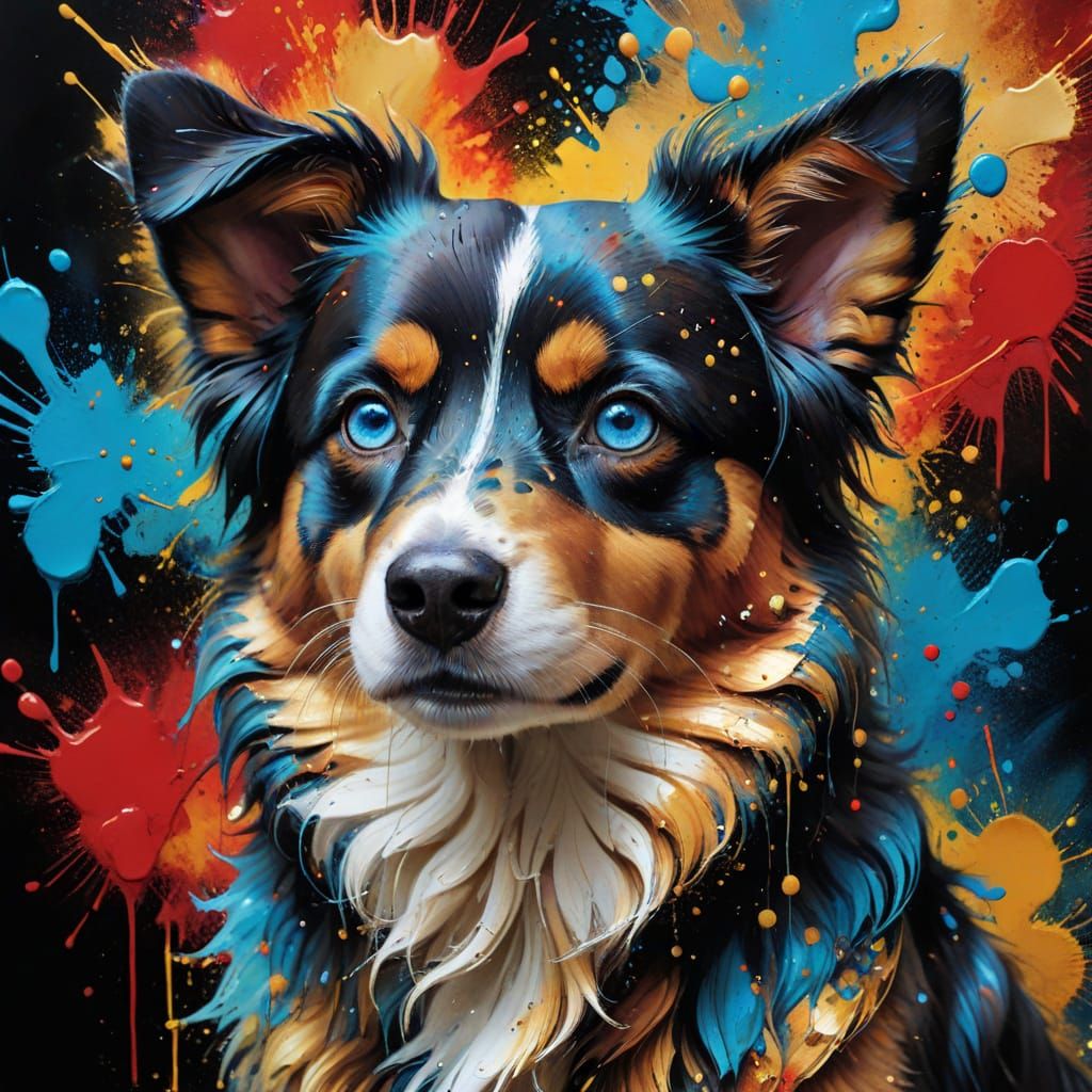 Australian Shepherd Face in Hyper-Realistic Graffiti Art