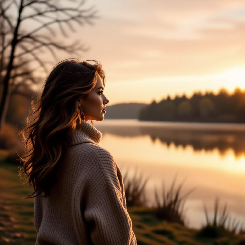 Sepia Woman Gazing at Lake Serenity