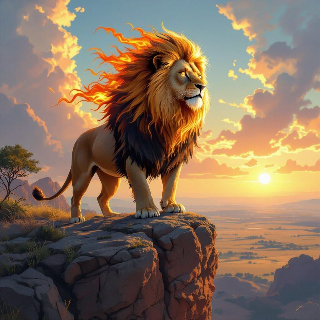 Fiery Lion Overlooking Savanna in Hyperrealistic Style