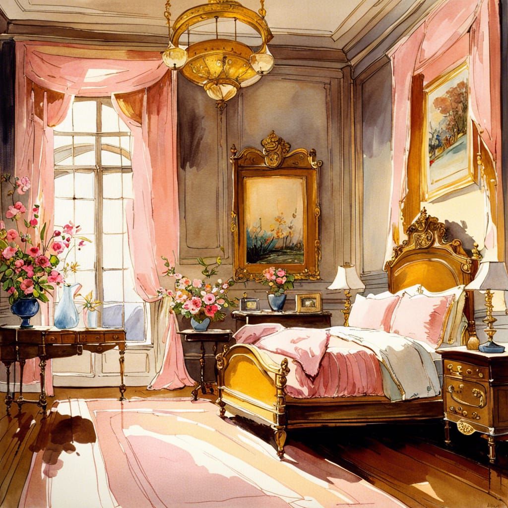 Opulent Royal Bedroom in Watercolor Style