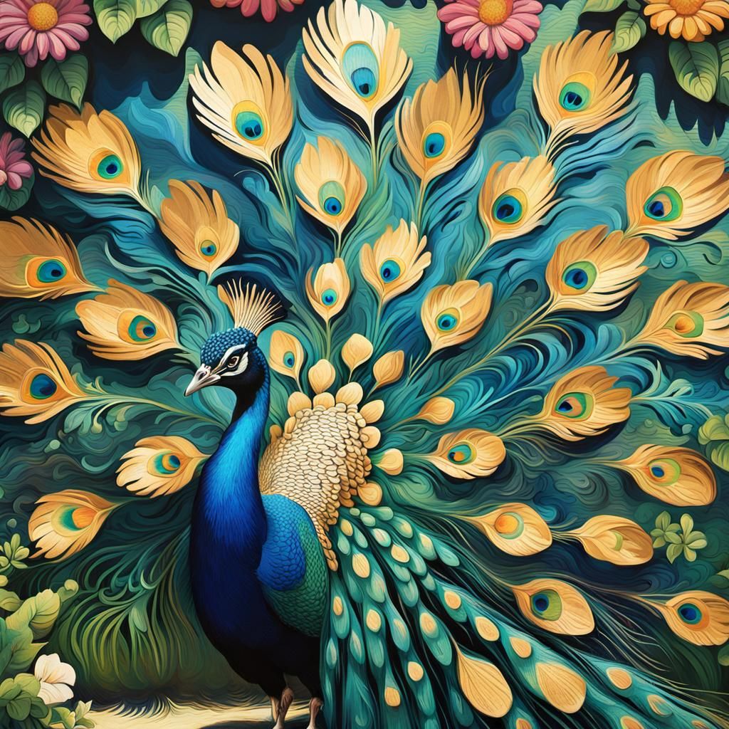 Graffiti Style Peacock in Vibrant Garden
