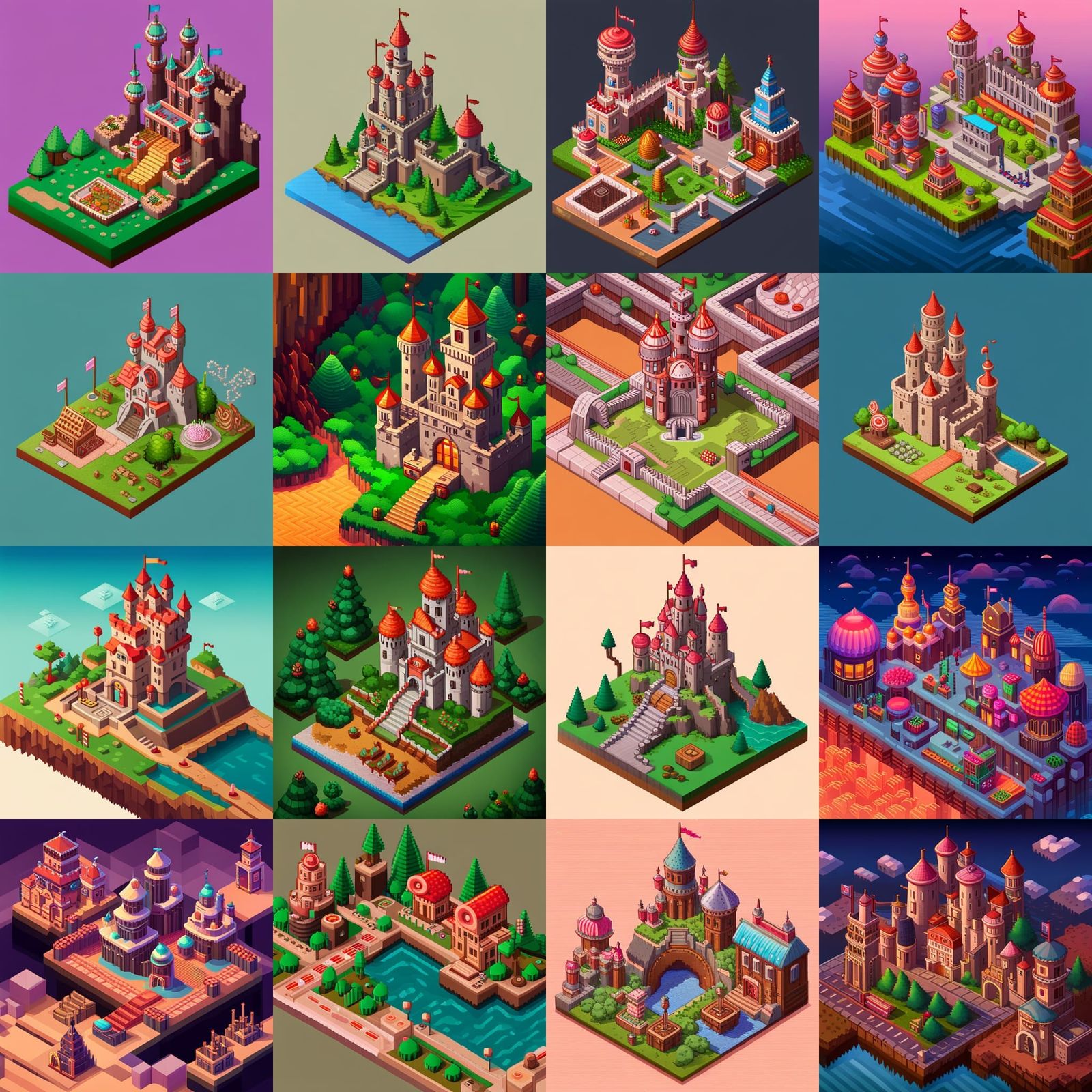Isometric Pixel Art Castle and Dragon in Candyland