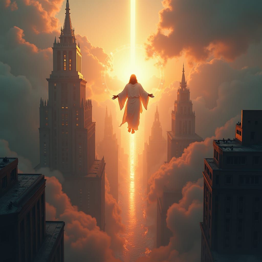 Luminous Figure Descends Over Cityscape in Sci-Fi Style