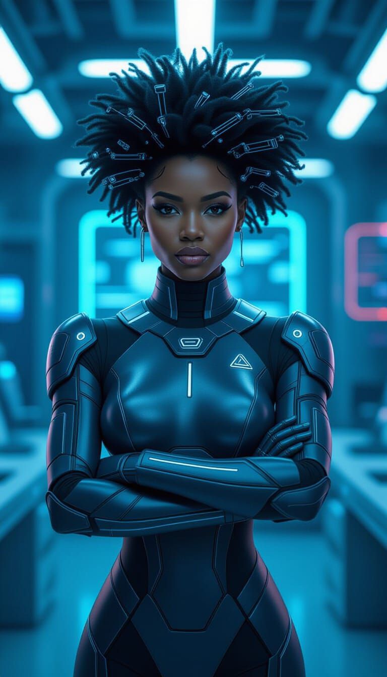 Futuristic African AI Mentor in Neon Laboratory