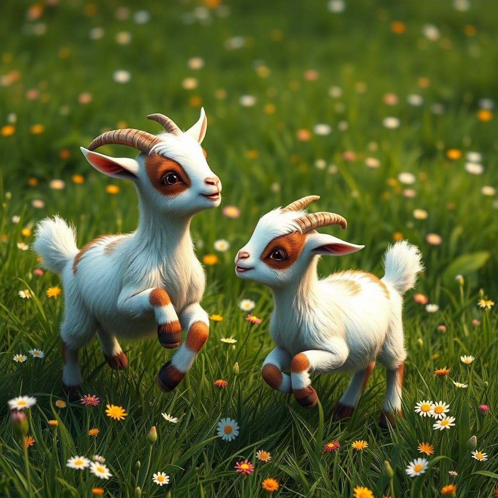 Adorable Pygmy Goats in Wildflower Meadow