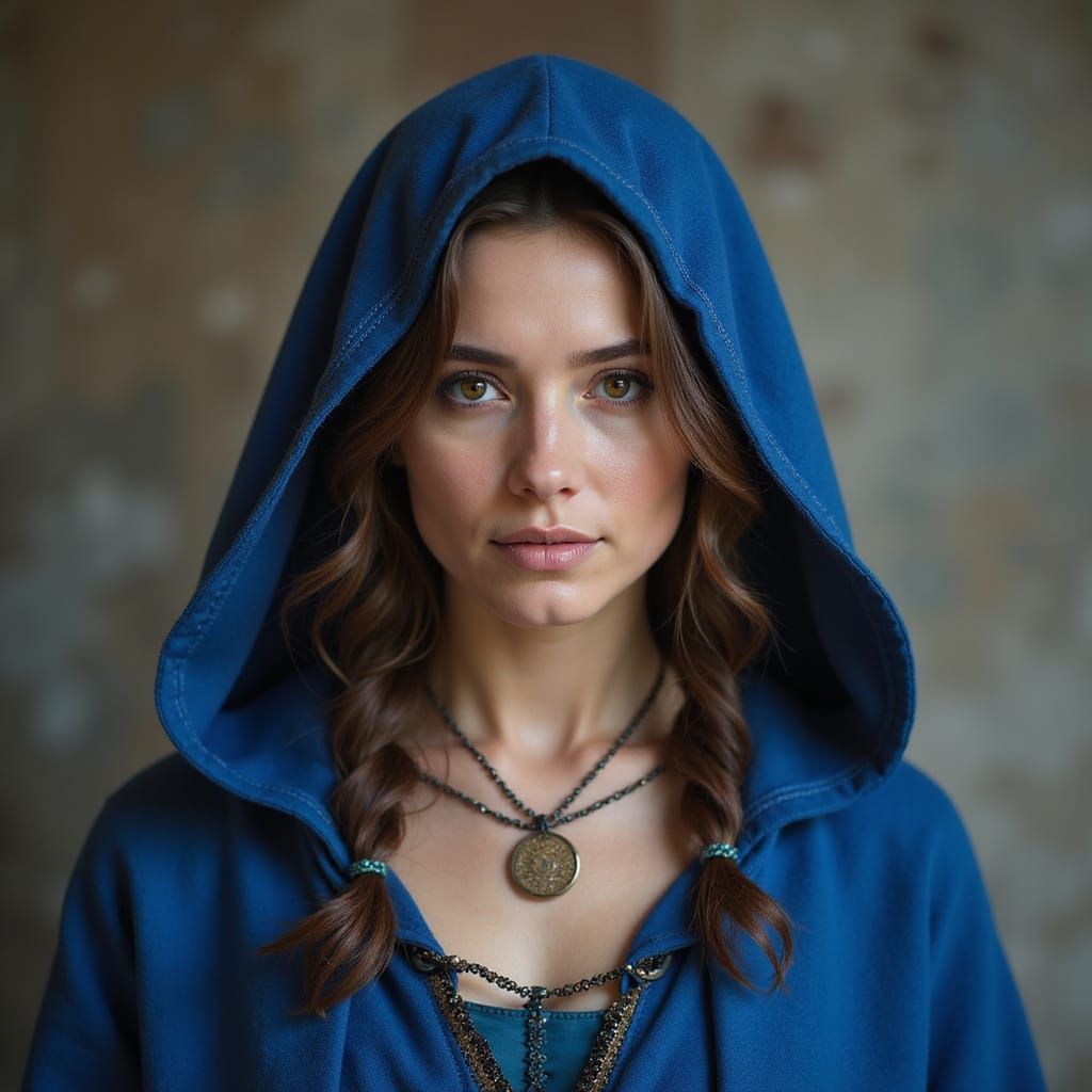 Fantasy Portrait of Danish Woman in Blue Cloak