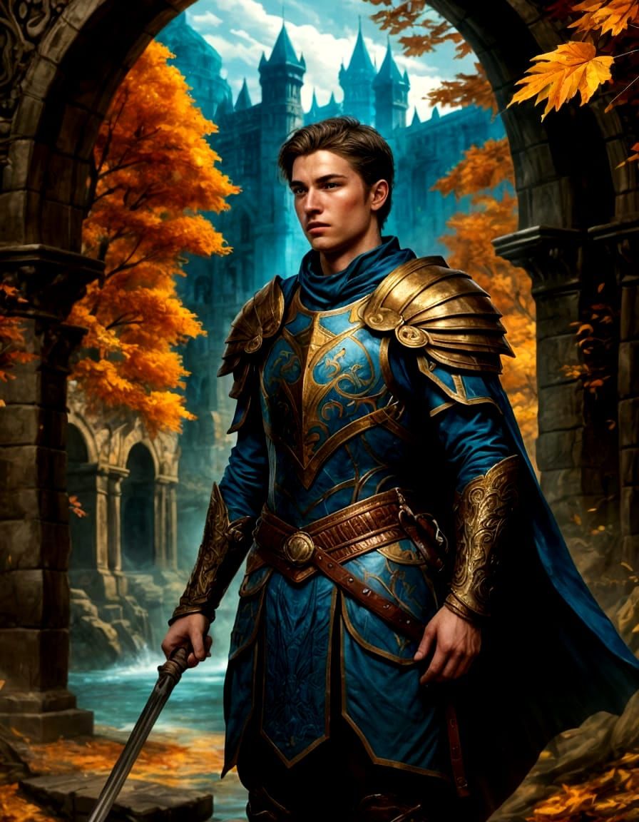 Heroic Warrior in Ancient Autumn Hall, Digital Painting