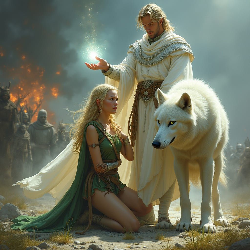 Heroic Fantasy Priest Channels Healing Magic Amidst Battle C...