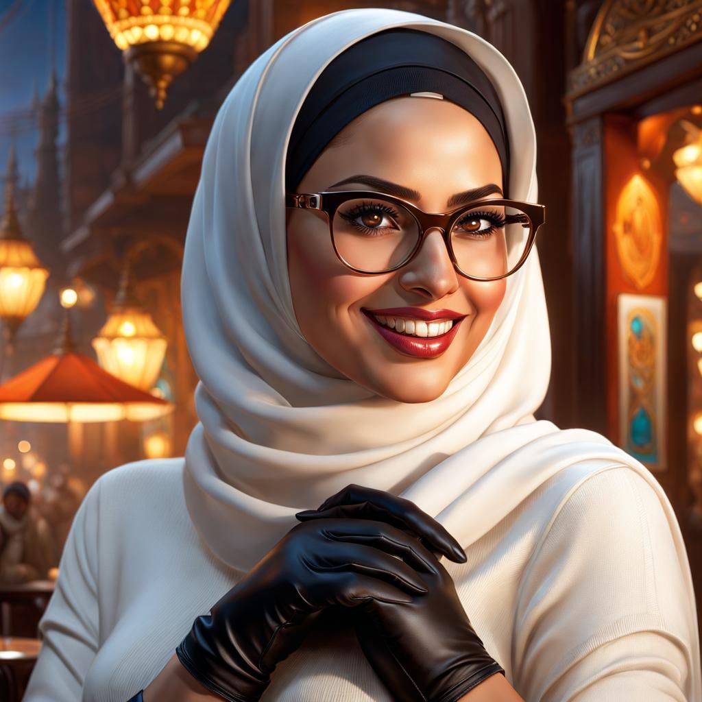 egyptian chubby hijabi woman in hijab (wearing gloves:1.2), dark brown eyes eye glasses brown eyes thick lips thin eyebr...