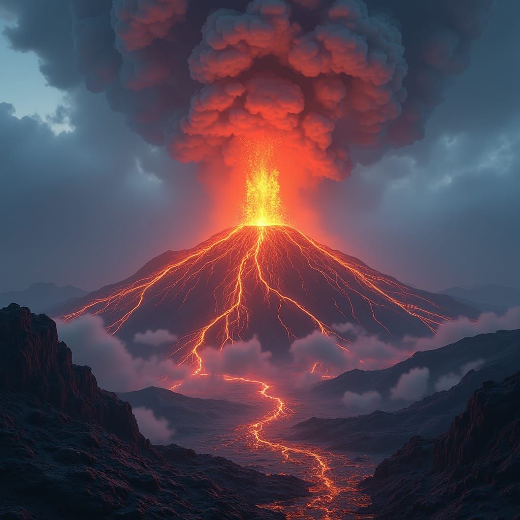 Erupting Volcano in Dreamlike Landscape