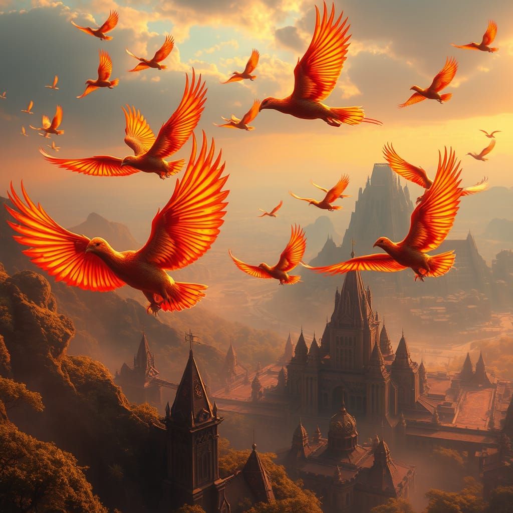 Majestic Phoenixes Soar Over Ancient Kingdom in Vibrant Suns...