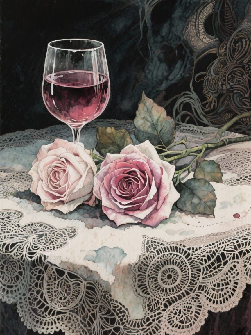 Gothic faded elegance,  2-toned  roses next to a wineglass w...