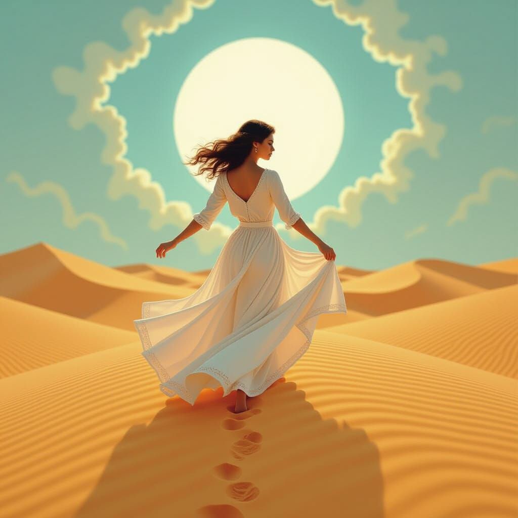 Dreamlike Woman Rising in Shifting Sands