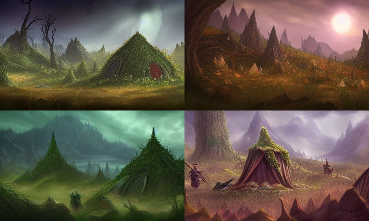 Elven Encampment Amidst Mountain Battle Under Night Sky