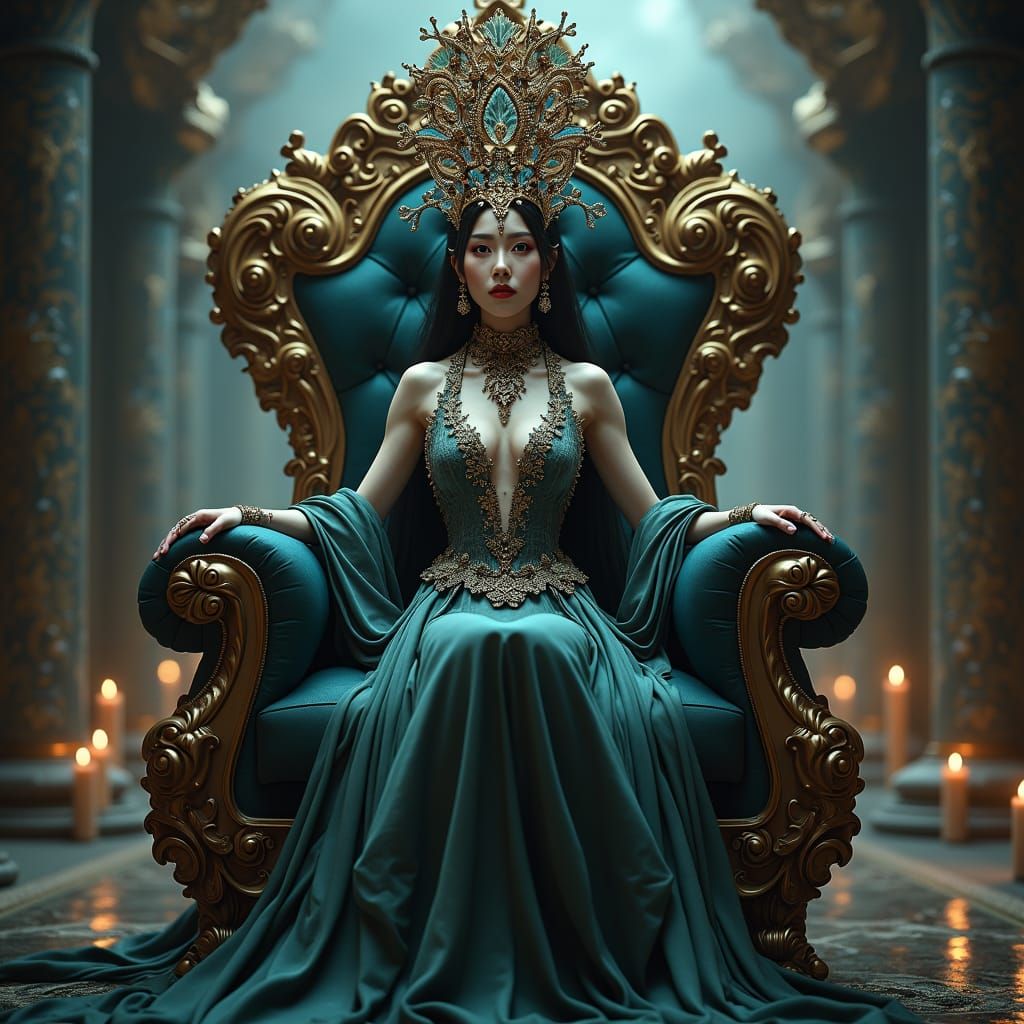 Gothic Asian Goddess Queen on Throne, Digital Matte Painting