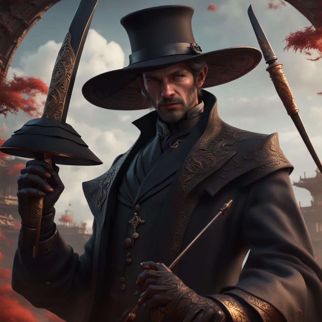 Fantastical Gentleman with Naginata in Detailed Matte Painti...