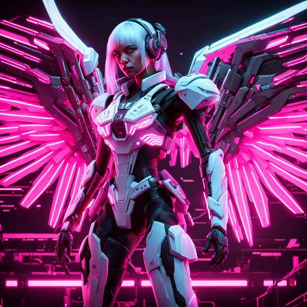 Cyberpunk Robot Angel with Neon Wings
