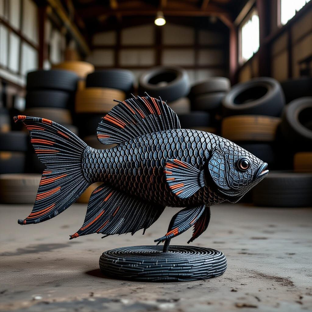 Betta Fish Tire Statue in Industrial Mixed-Media Style