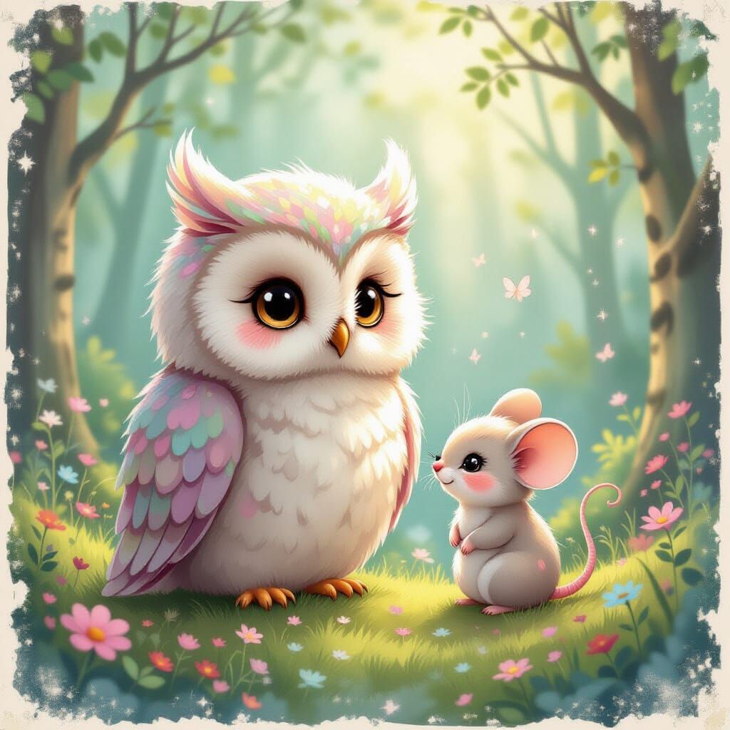 Whimsical Owl and Mouse in Pastel Forest