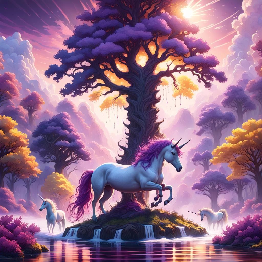 Unicorns in a Fantasy Landscape: Detailed Digital Art