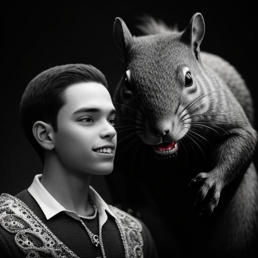 Surreal Boy Bites Squirrel: High Quality Black and White Pho...