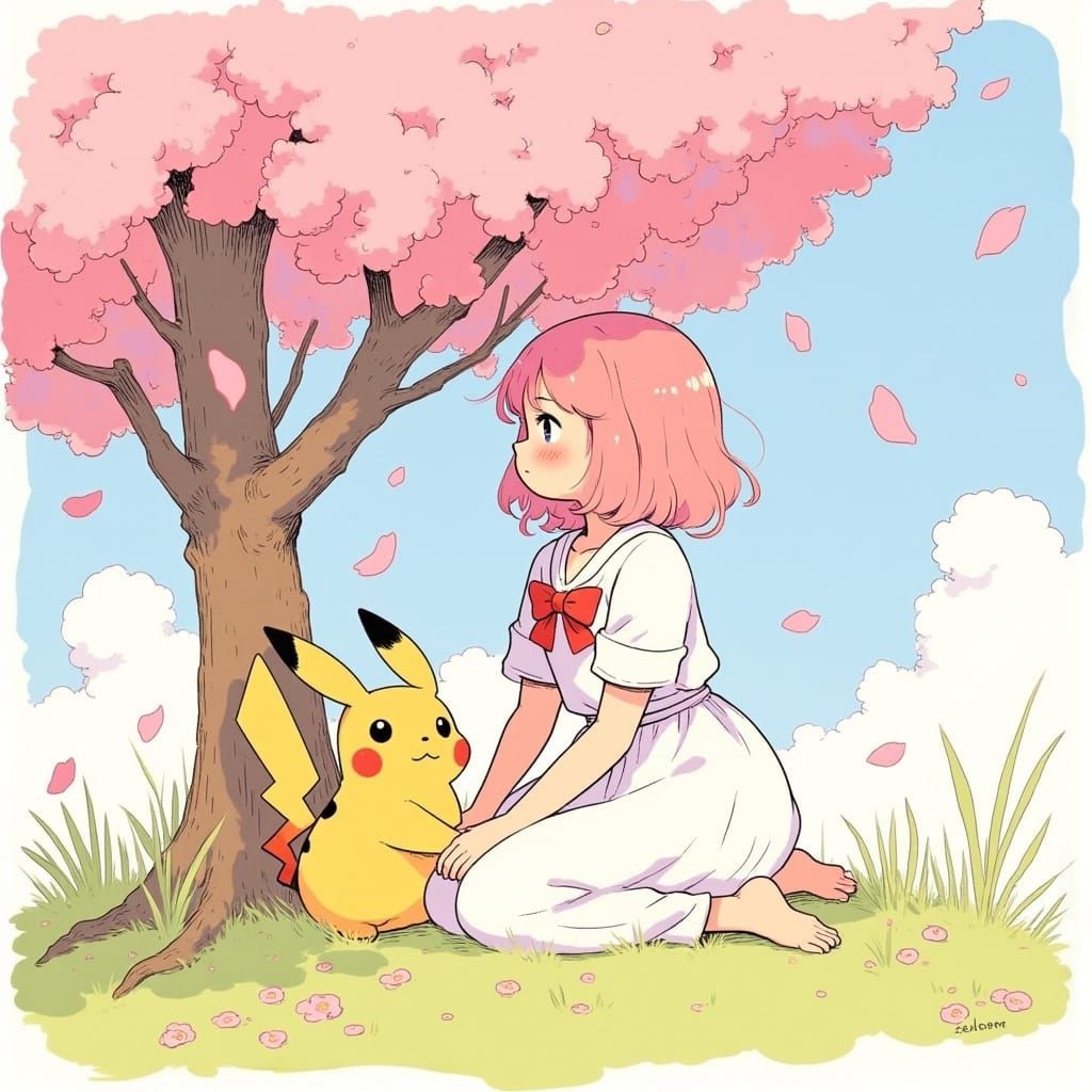 Kawaii Anime Heroine Under Cherry Blossom Tree with Pikachu