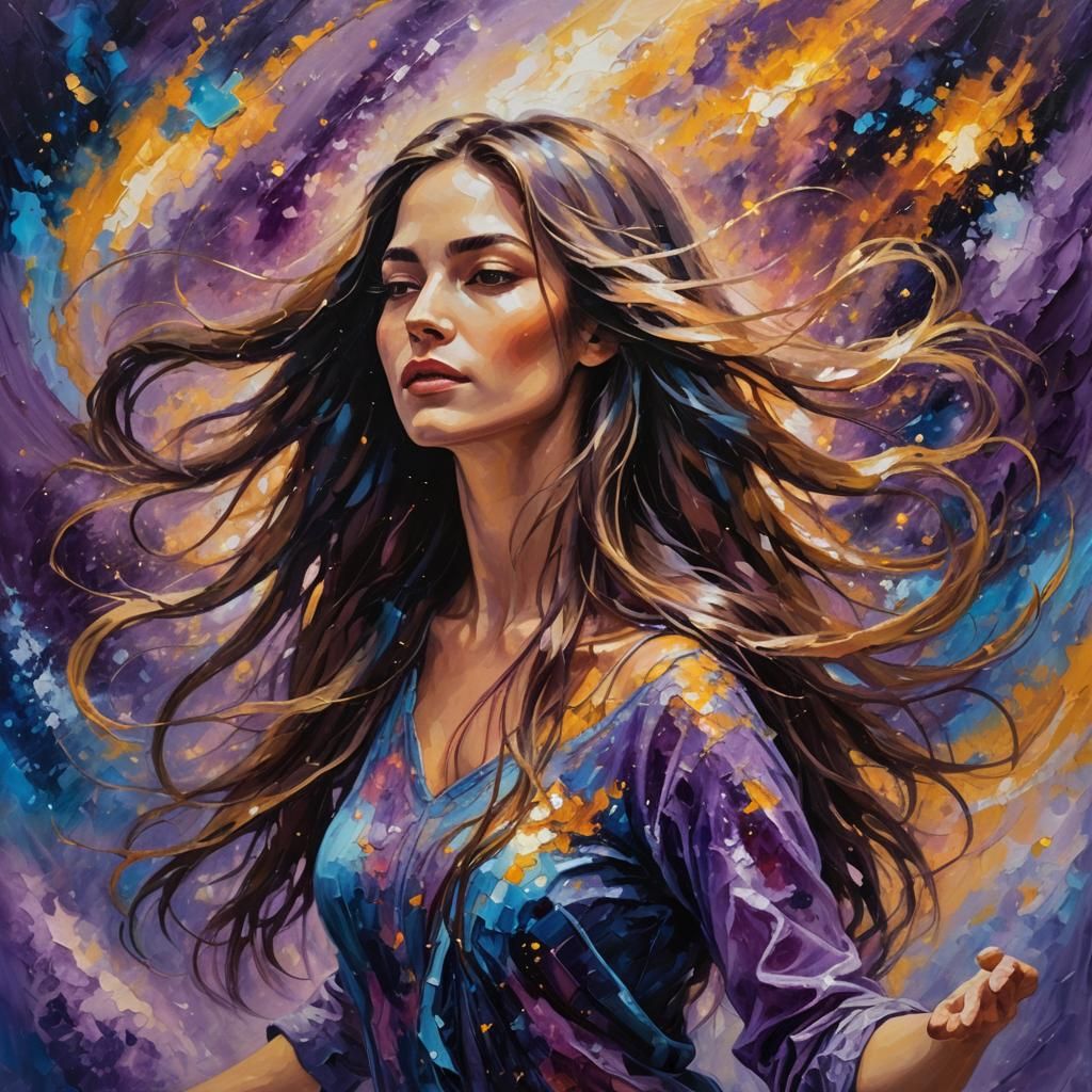 Expressive Portrait of Woman Dancing in Galaxy