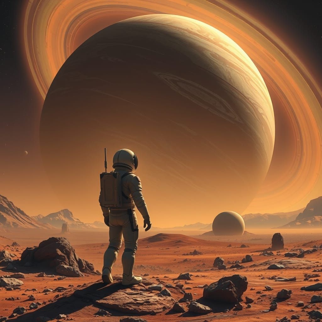 Astronaut Contemplates Majestic Gas Giant in Cosmic Landscap...