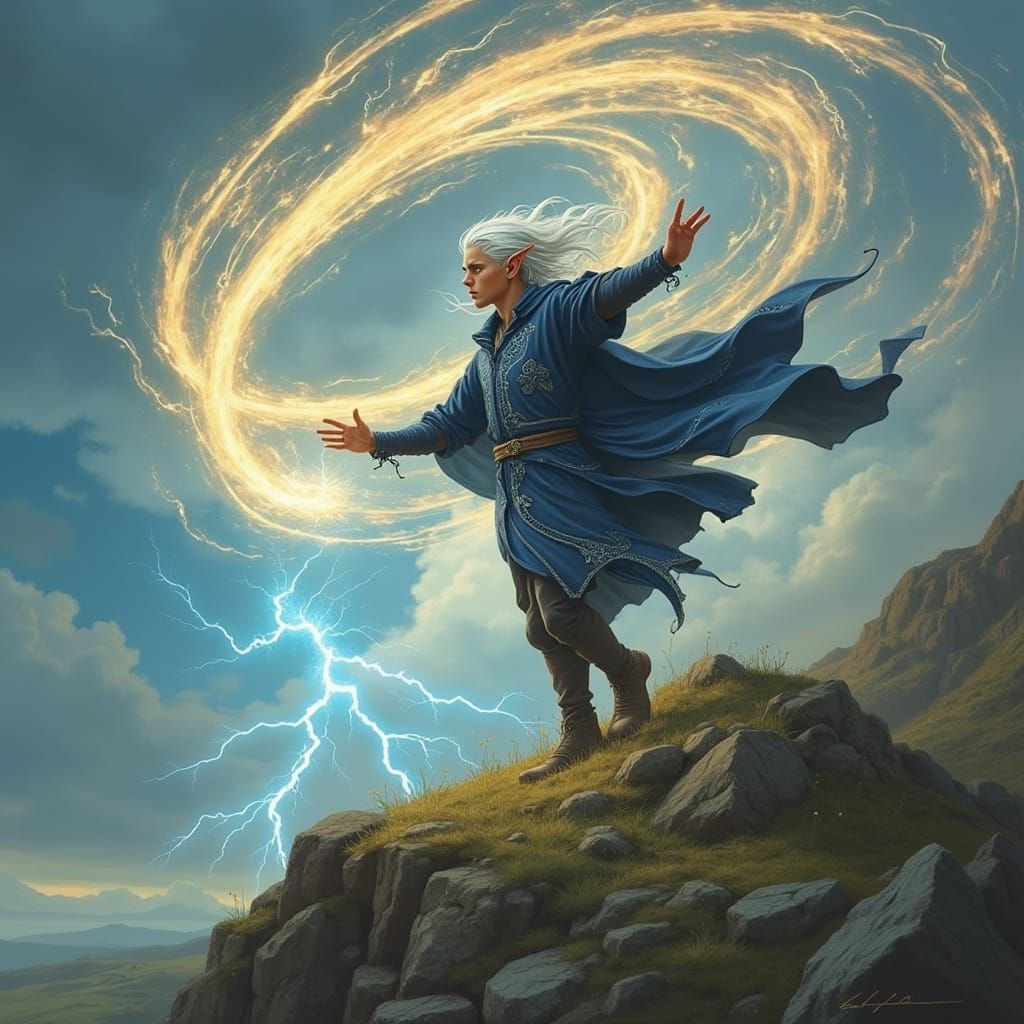 Young Sorcerer Commands Wind on Mountain Peak