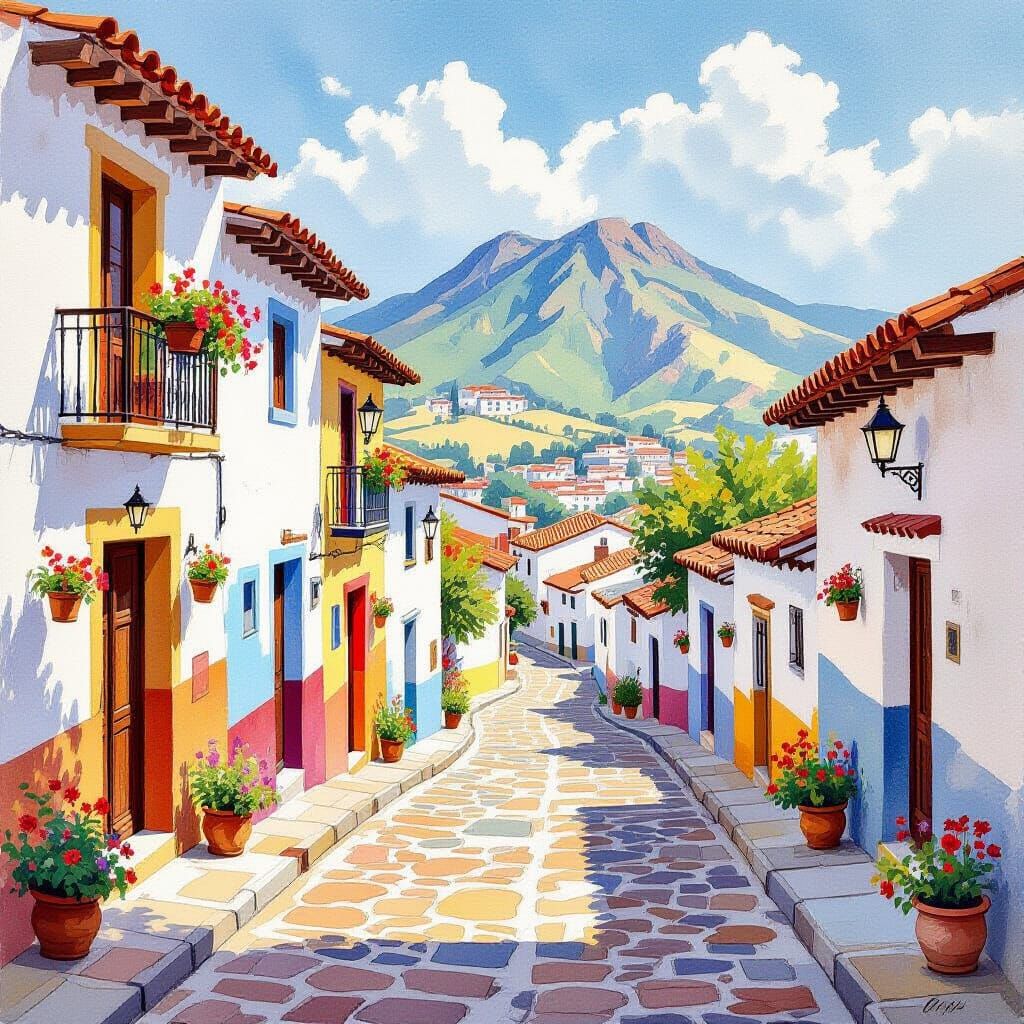 Guatapé Watercolor Illustration with Colorful Balconies
