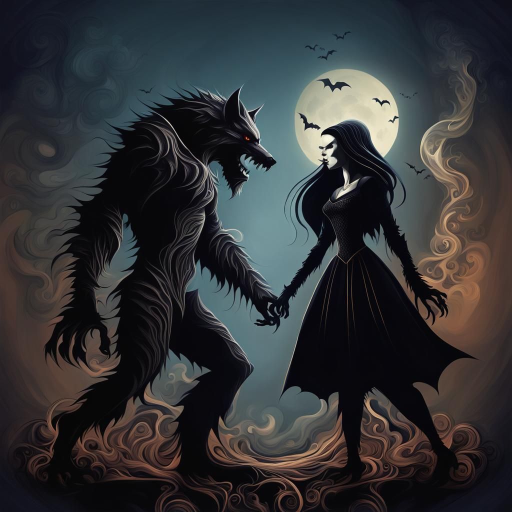 Gothic Werewolf and Vampire in Dark Abstract Style