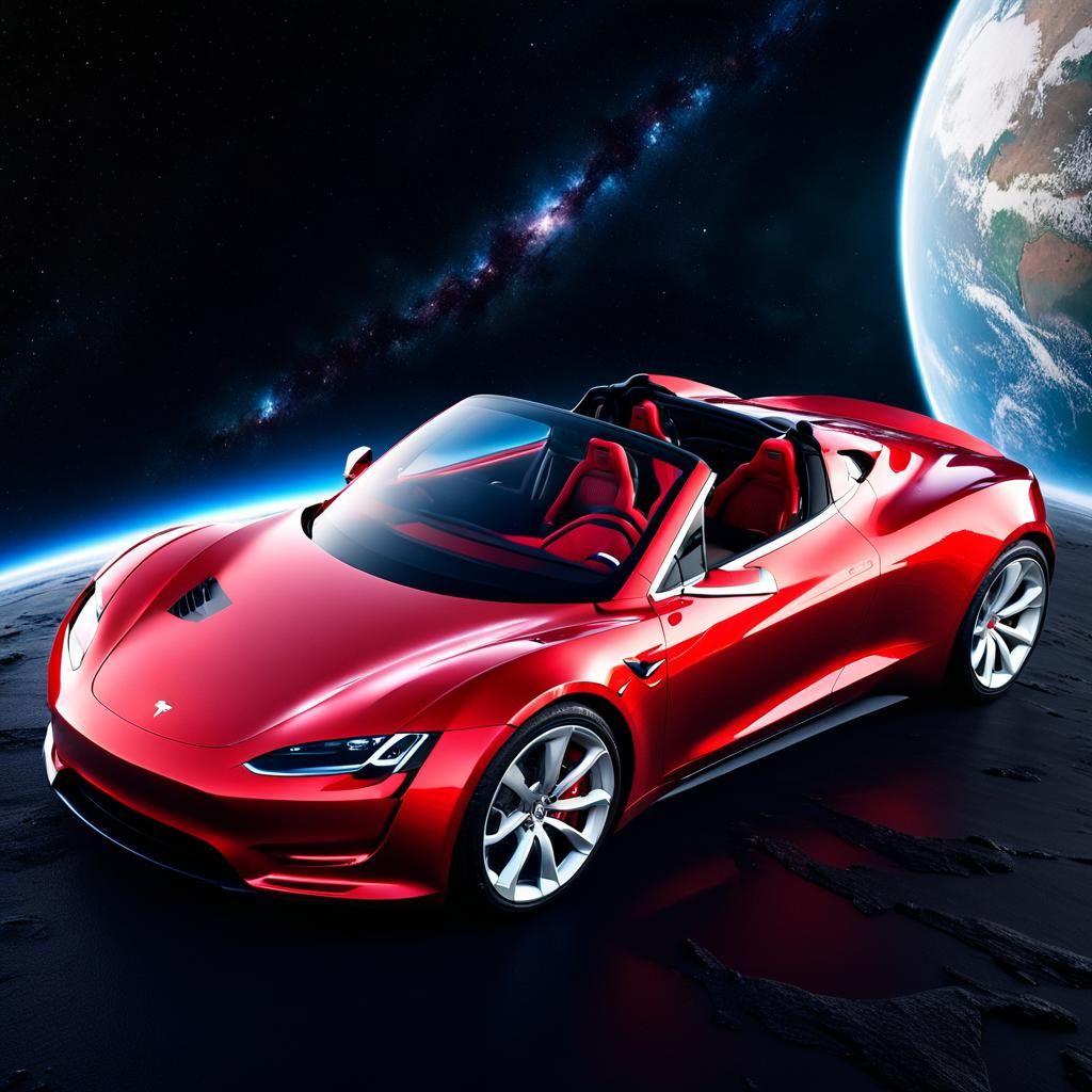 Red Tesla Roadster Floating Through Outer Space