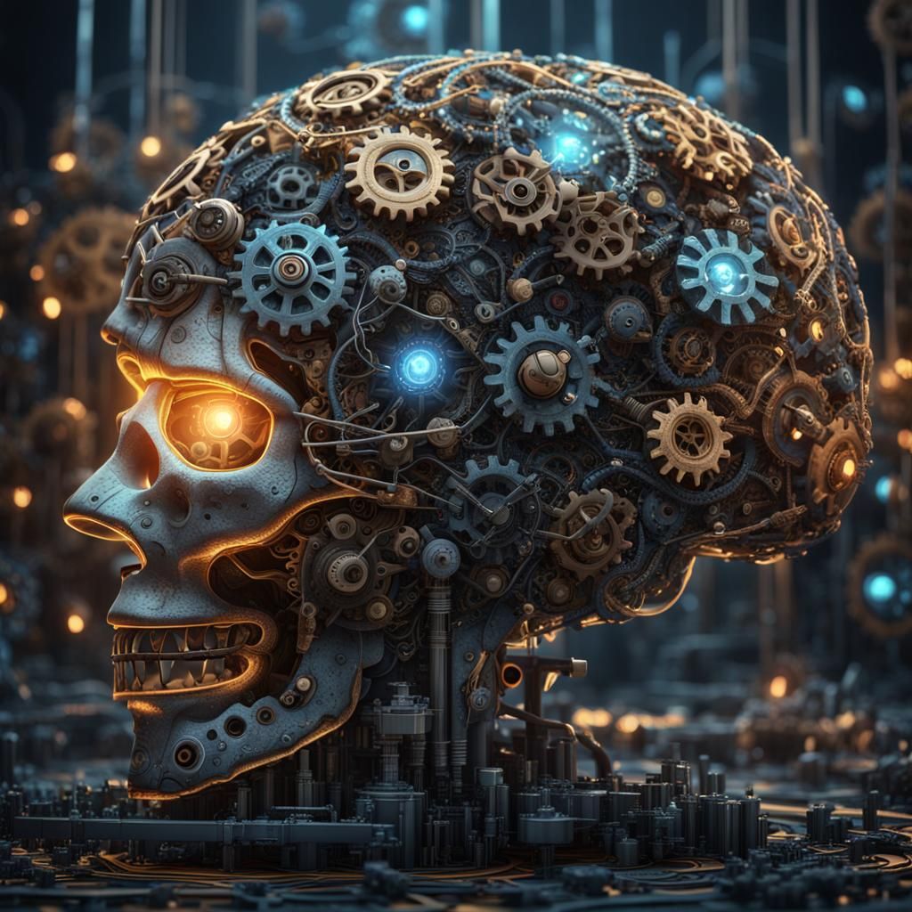 Mechanical and Fiber Optic Brains Connected: Detailed Art