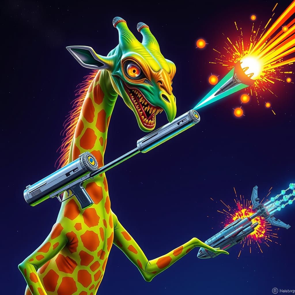 Futuristic Alien Giraffe with Plasma Pistol