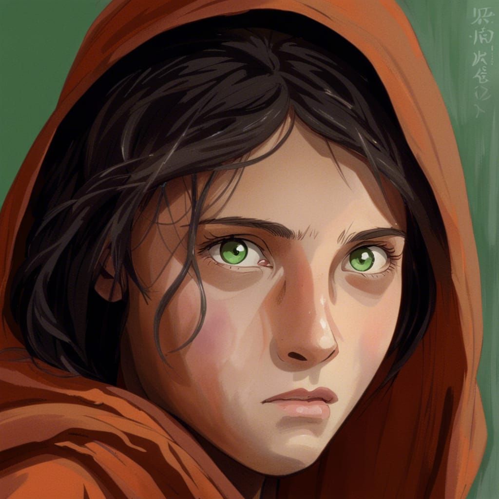 Anime Portrait of Afghan Girl with Green Eyes