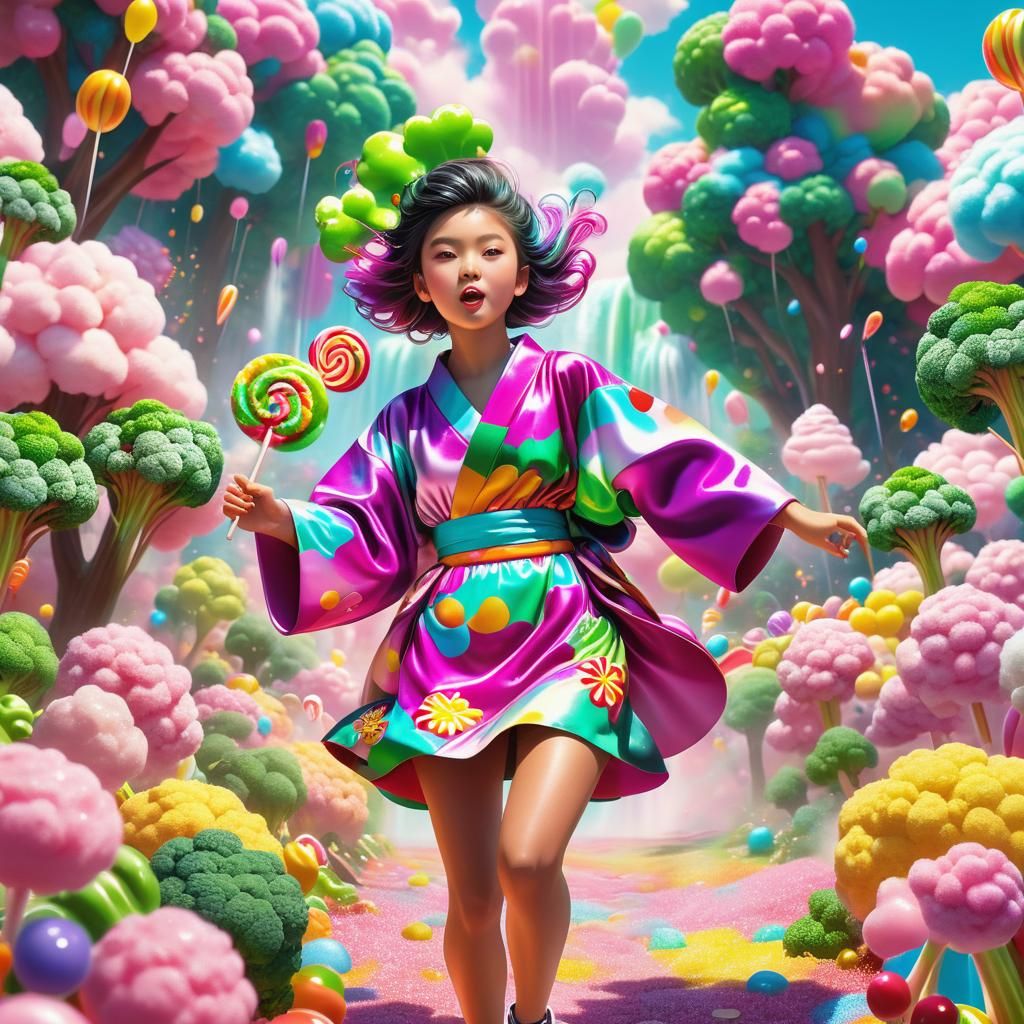 Girl in Broccoli Kimono Runs Through Candyland