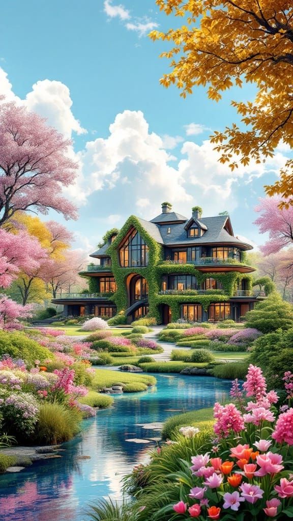 Eco-Modern Mansion Surrounded by Spring Florals in a Vibrant...